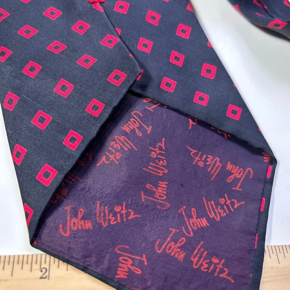 Vintage John Weitz Silk Tie Navy Red Geometric‎ Square Retro Wide 4.5